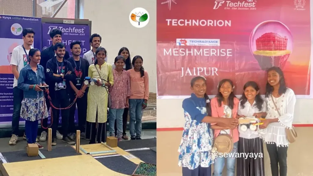 Group photo of Sewa Nyaya Utthan Foundation Jodhpur Vidya Kendra's Pakistani Hindu refugee students (trained under the guidance of Shri Sanjeev Newar) with the national coordinators from IIT Bombay at the finale of IIT Bombay 2023 national level robotics competition.