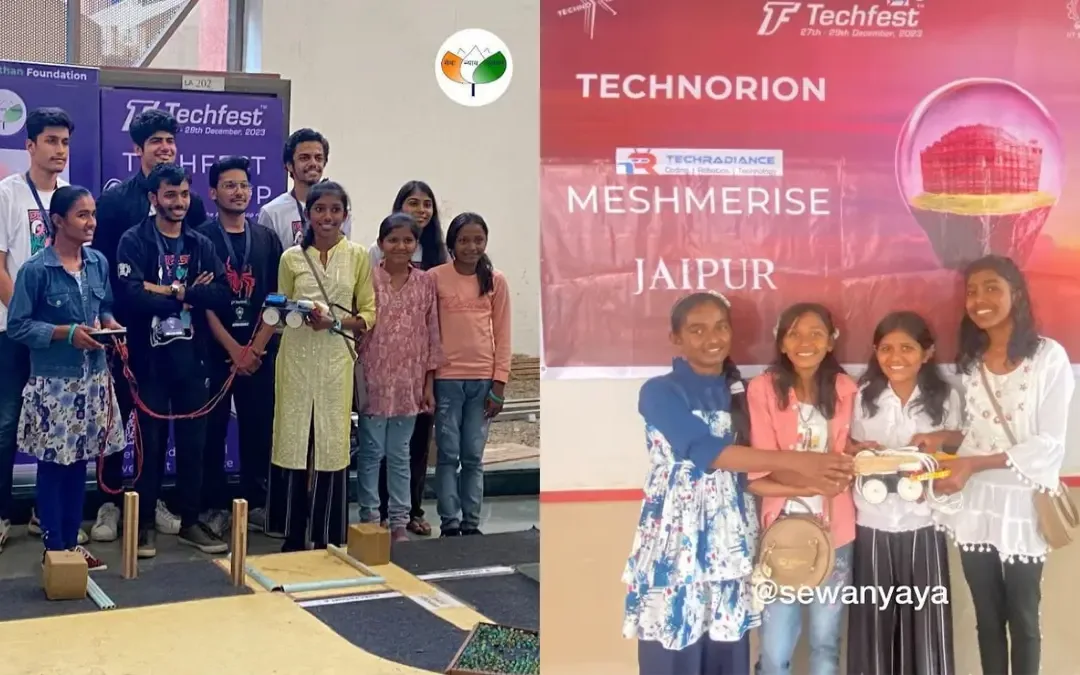 Group photo of Sewa Nyaya Utthan Foundation Jodhpur Vidya Kendra's Pakistani Hindu refugee students (trained under the guidance of Shri Sanjeev Newar) with the national coordinators from IIT Bombay at the finale of IIT Bombay 2023 national level robotics competition.